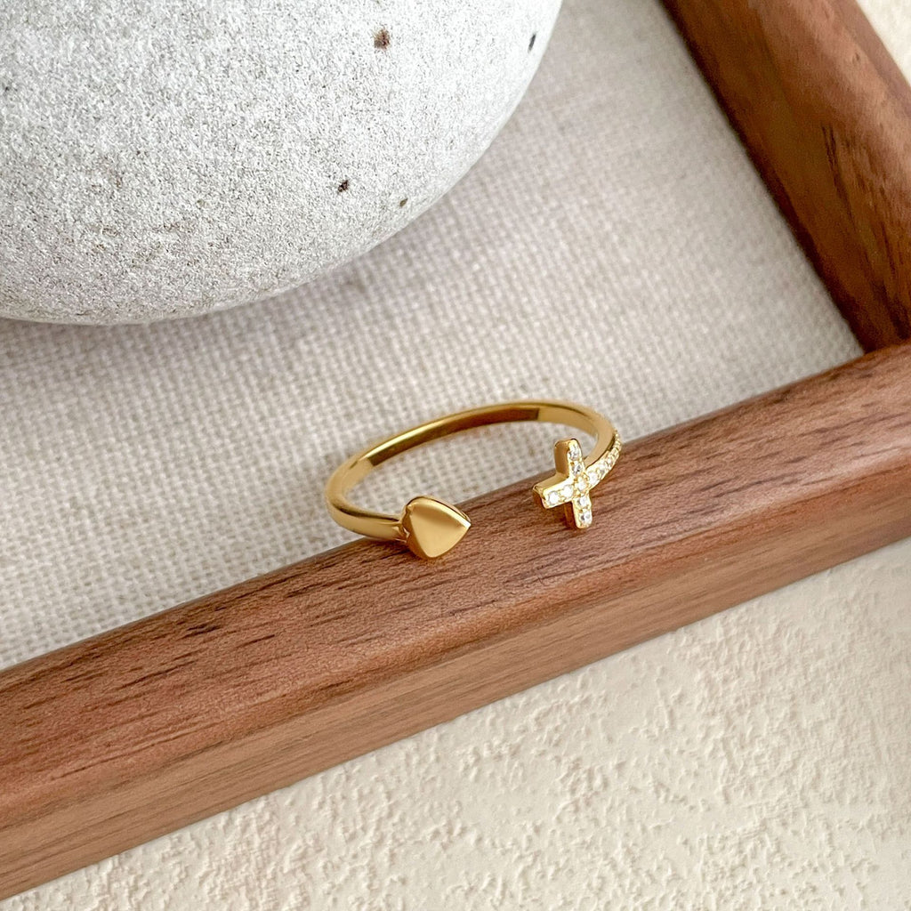 S925 Sterling Silver 18K Gold-Plated Adjustable Cross And Heart Ring For Women