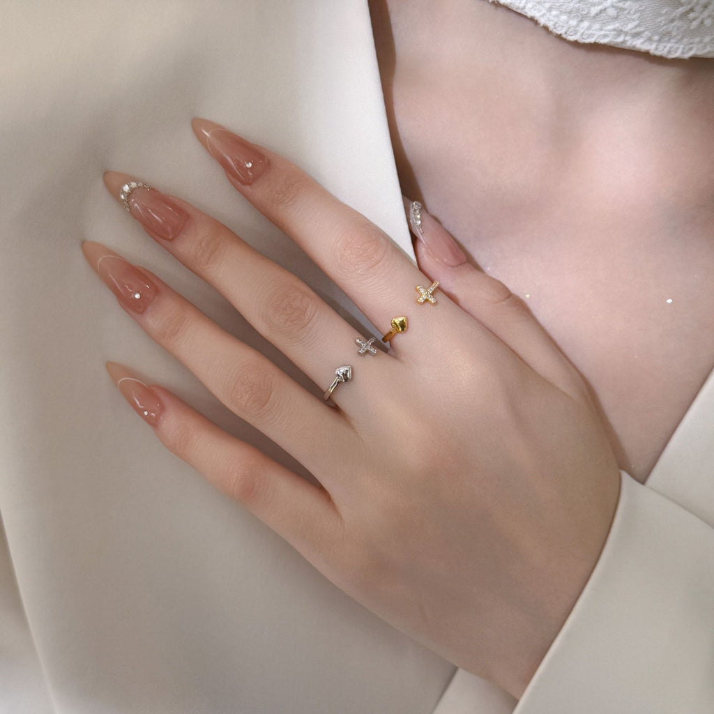 S925 Sterling Silver 18K Gold-Plated Adjustable Cross And Heart Ring For Women