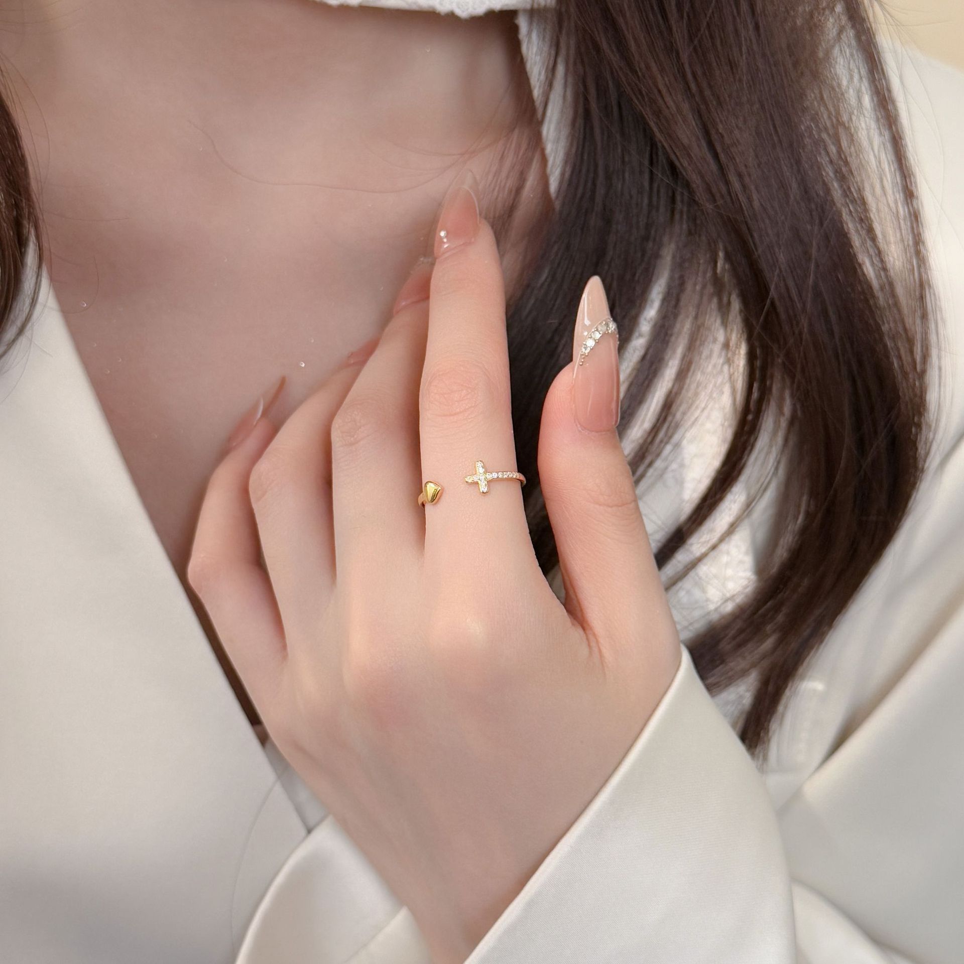 S925 Sterling Silver 18K Gold-Plated Adjustable Cross And Heart Ring For Women
