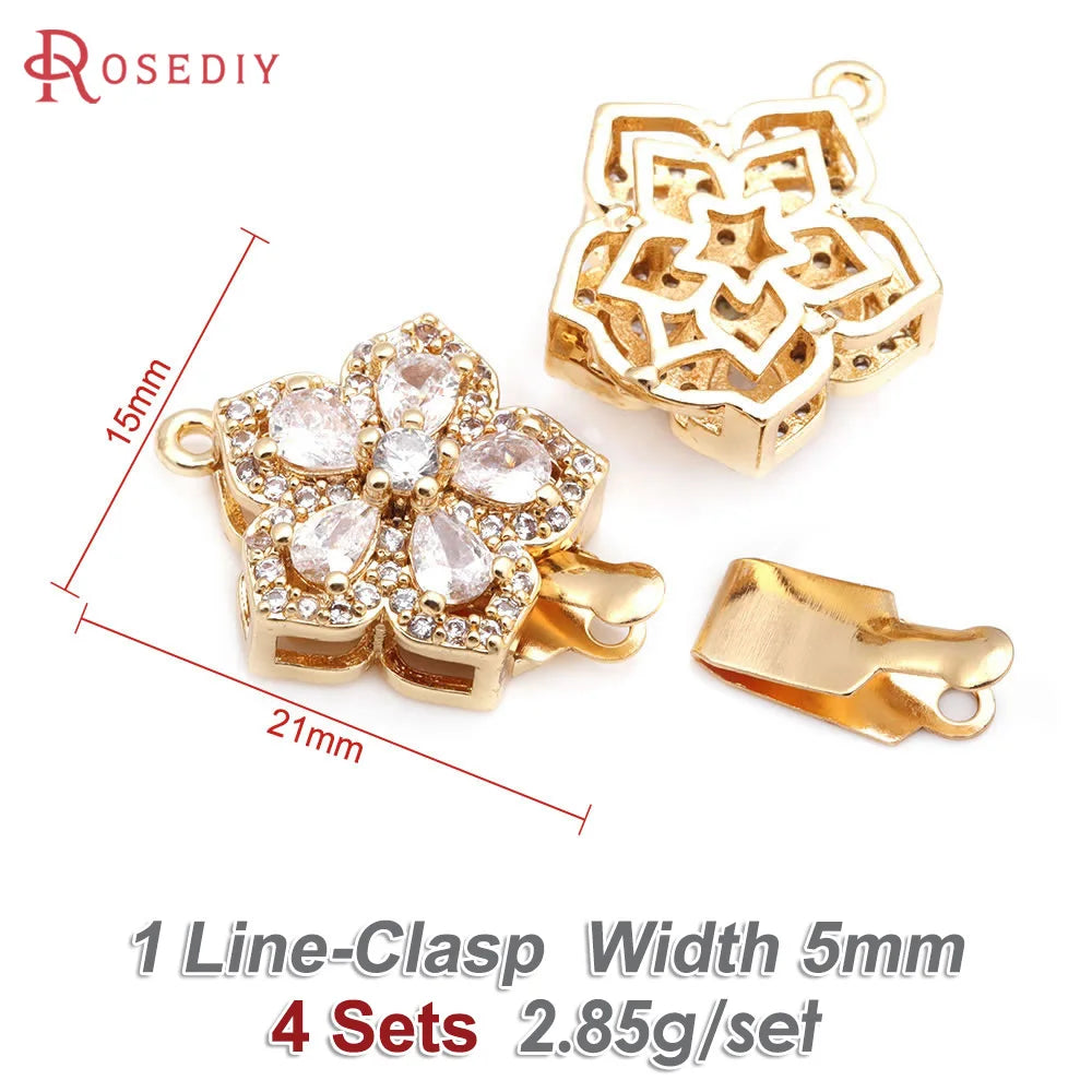 4 Sets Full Size 21x15MM 18K Gold Color Brass Zircon Flower Necklaces Connect Clasps High Quality Diy Jewelry Making Supplies