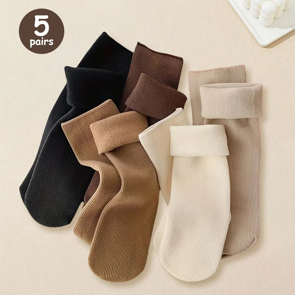5pairs Winter Warm Solid Women Socks Thicken Thermal Socks Black Skin Seamless Snow Sock Unisex Socks
